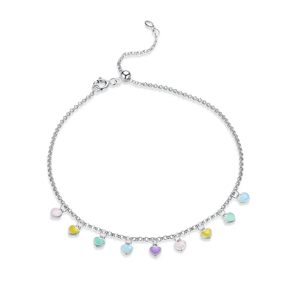925 Sterling Silver Enamel Heart Pendant Chain Anklet For Women | Summer Foot Bracelet Jewelry Anklets