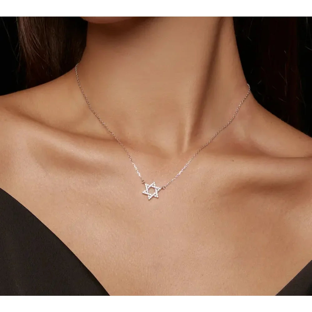 925 Sterling Silver Hexagonal Star Pendant Necklace - CZ Pave Setting - Fine jewellery BSN290 - Necklaces