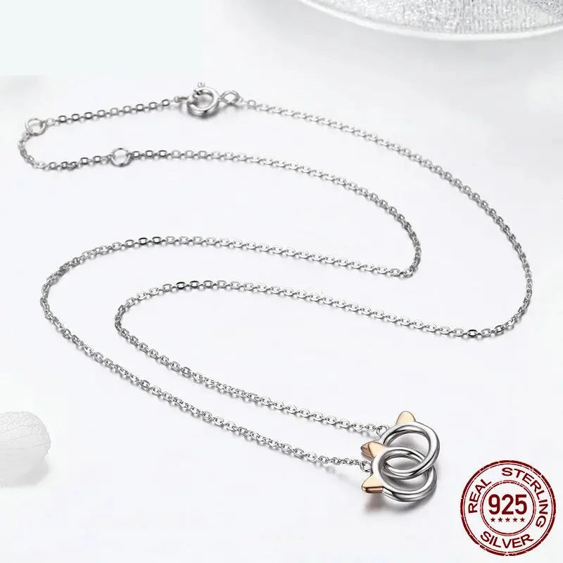 Connected Hearts: Sterling Silver Star/Heart/Cat Pendant Necklace - Necklaces