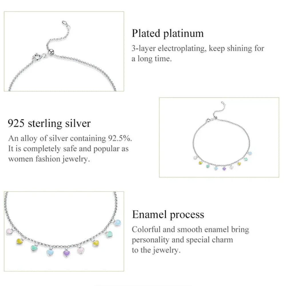 925 Sterling Silver Enamel Heart Pendant Chain Anklet for Women | Summer Foot Bracelet jewellery - Anklets