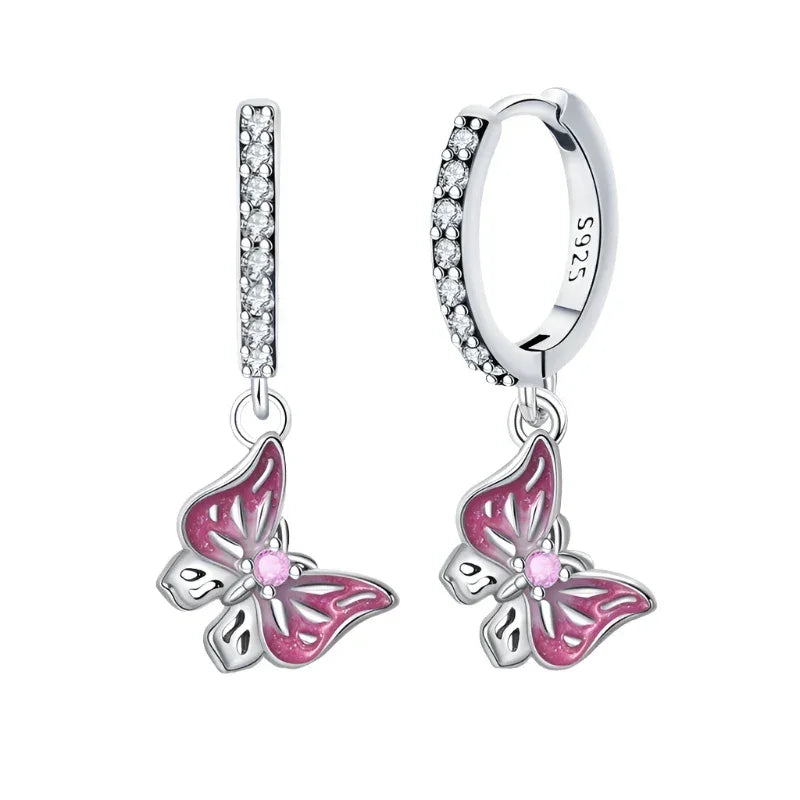 Delicate Pink Butterfly Sterling Silver Hoop Earrings with Cubic Zirconia Drop
