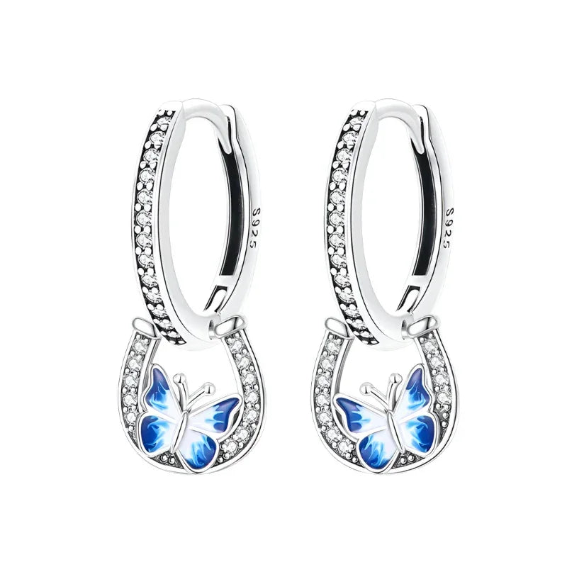 Lucky Charm Blue Butterfly Sterling Silver Hoop Earrings Drop