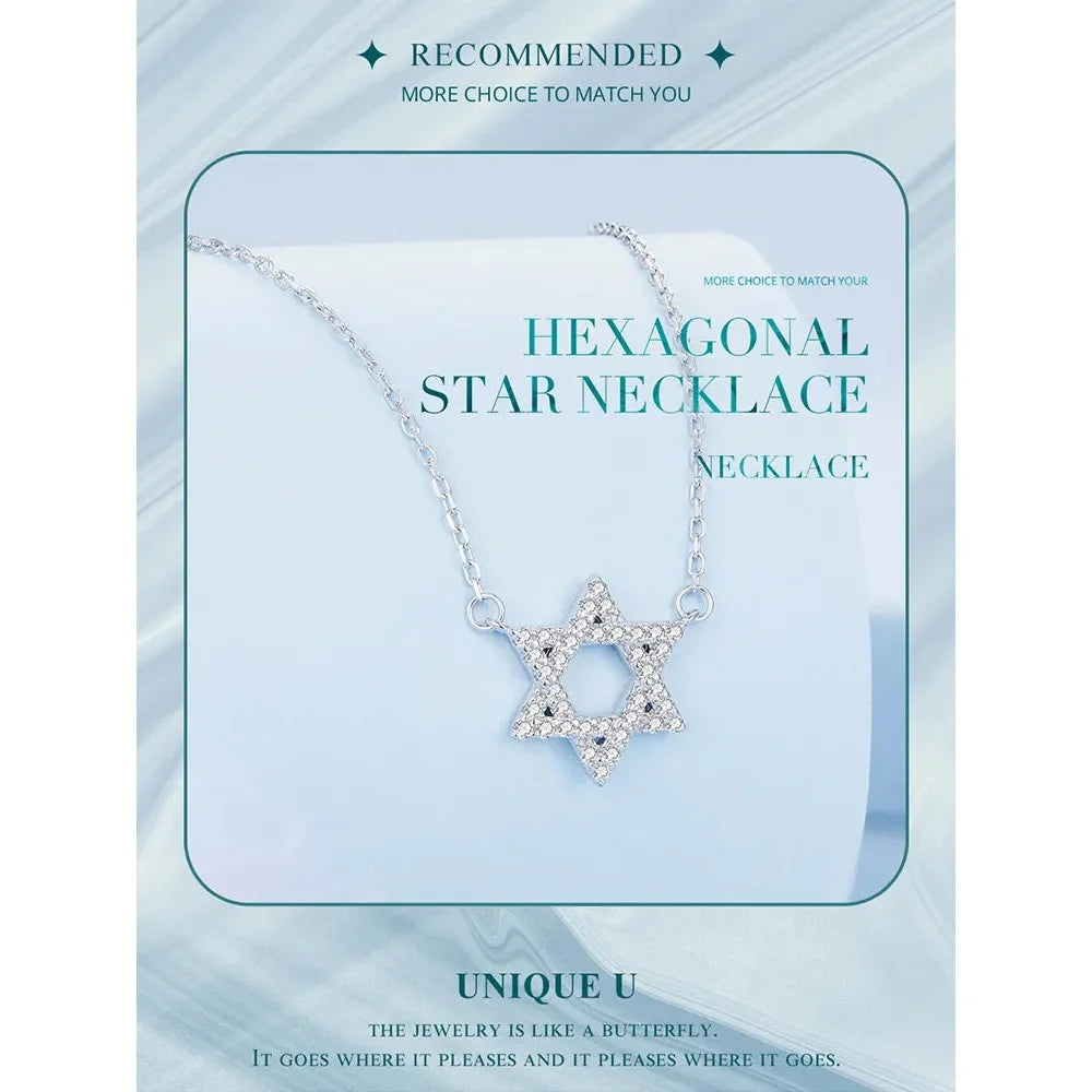 925 Sterling Silver Hexagonal Star Pendant Necklace - CZ Pave Setting - Fine jewellery BSN290 - Necklaces