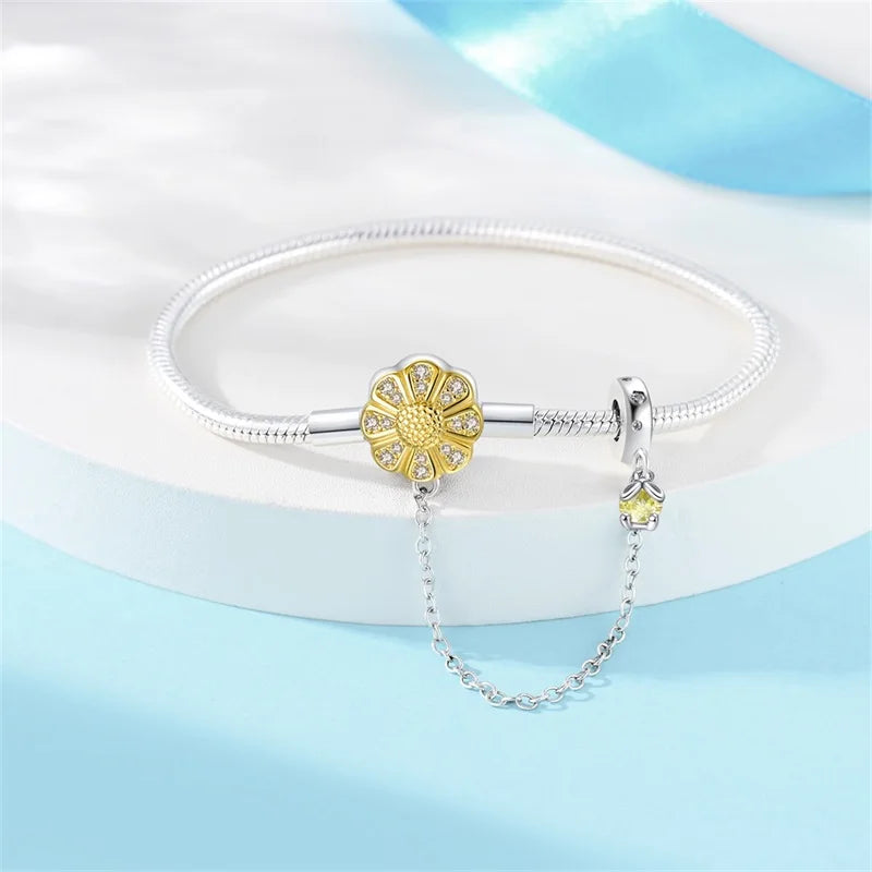 Radiant Daisy Sterling Silver Charm Bracelet With Dangling Chain - Bracelets
