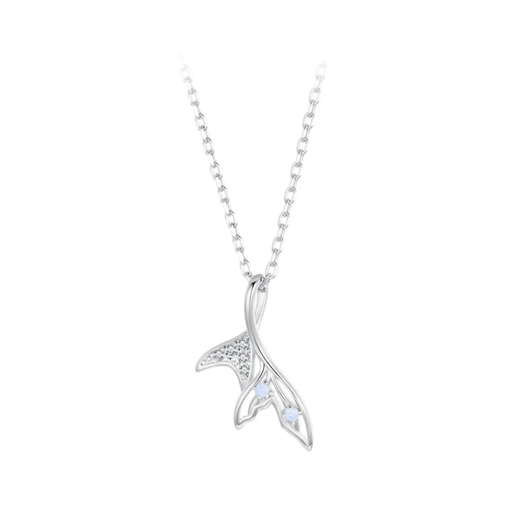 Delicate Fishtail Necklace - Shimmering Blue Nano Opal & White Gold Plate - Pendant Necklaces