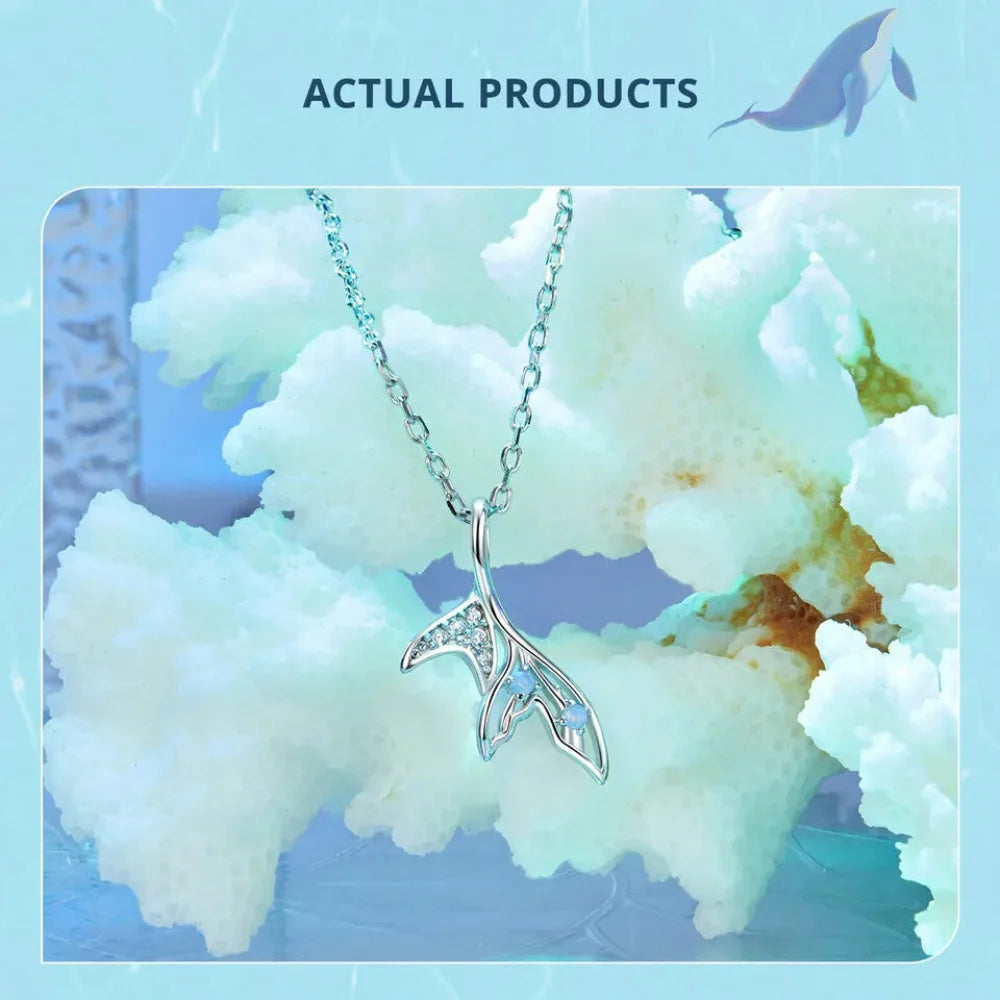 Delicate Fishtail Necklace - Shimmering Blue Nano Opal & White Gold Plate - Pendant Necklaces