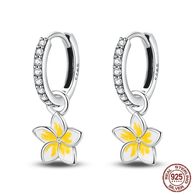 Tropical Paradise Plumeria Sterling Silver Hoop Earrings Drop