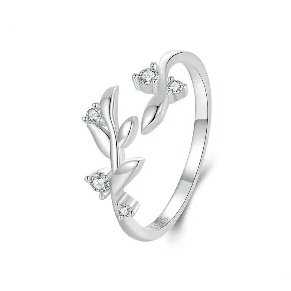 Nature’S Embrace Sterling Silver Double Leaf Ring With Sparkling Zirconia Rings