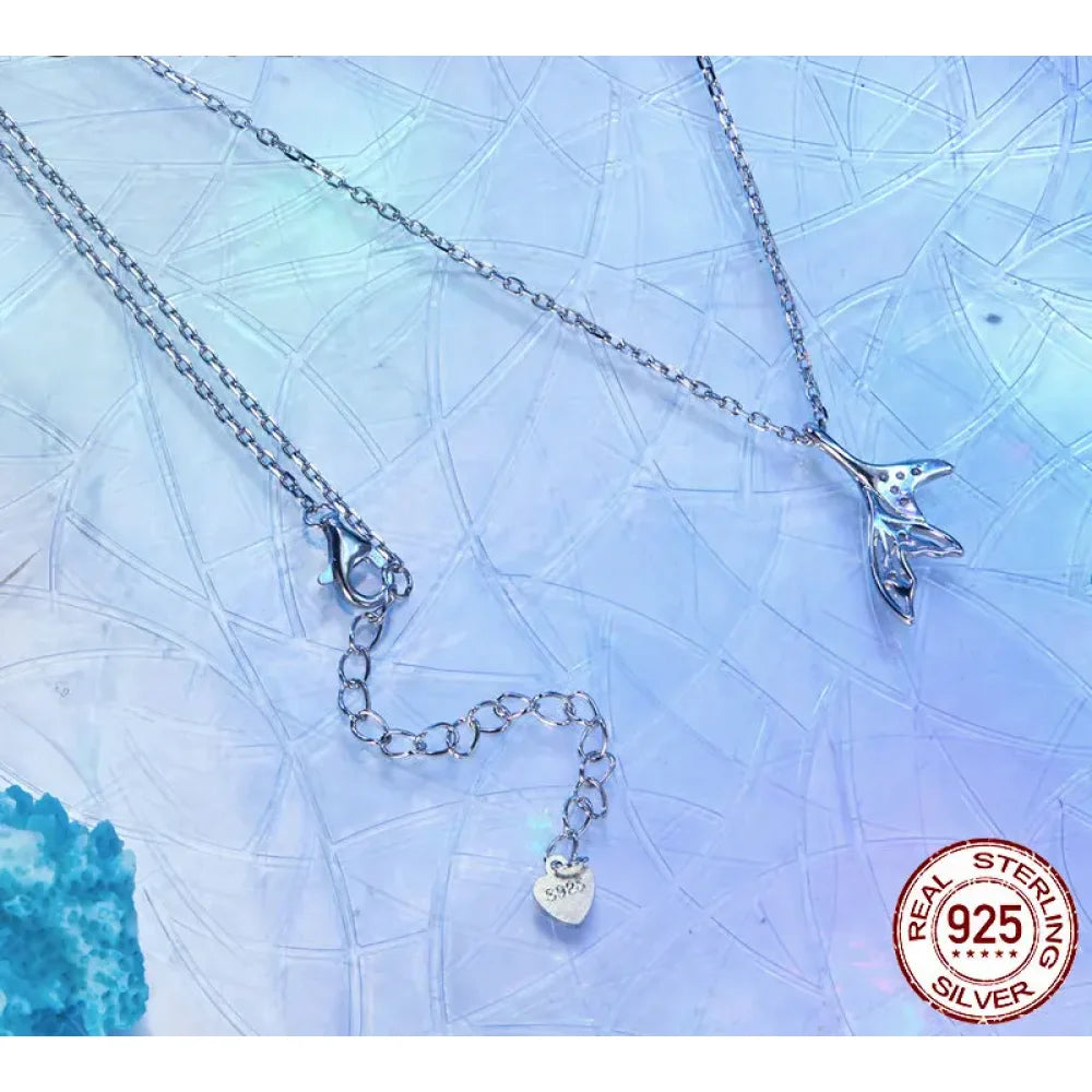 Delicate Fishtail Necklace - Shimmering Blue Nano Opal & White Gold Plate - Pendant Necklaces