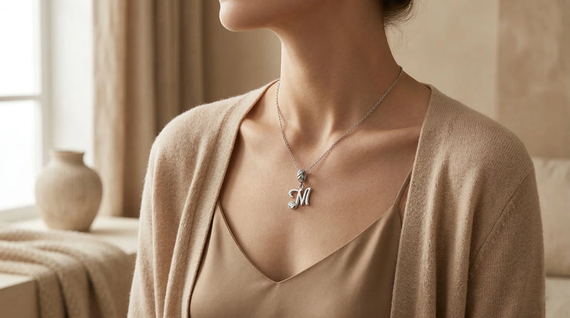 Woman wearing an everyday silver initial necklace in a soft beige lifestyle setting.