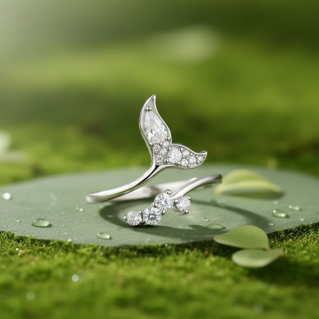 A sterling silver mermaid tail ring with clear cubic zirconia stones, displayed on a textured rock with a soft green background.