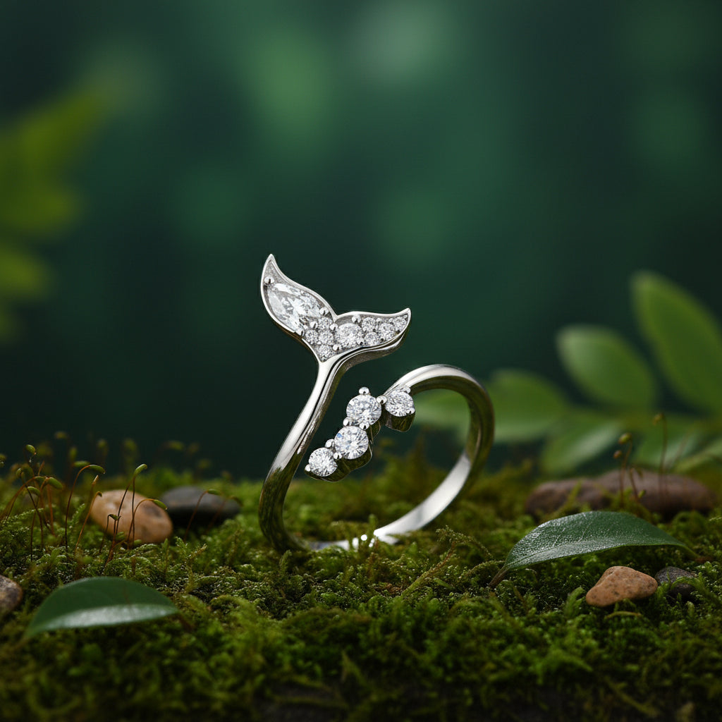 A silver mermaid tail ring with clear cubic zirconia stones, displayed on a green grass with green woods in the background.