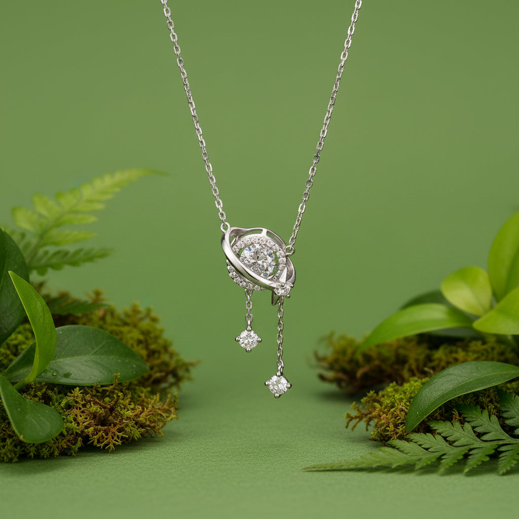 A silver-toned 925 sterling silver pendant necklace with a celestial ring design and dangling clear gemstones, set against a sage green background.