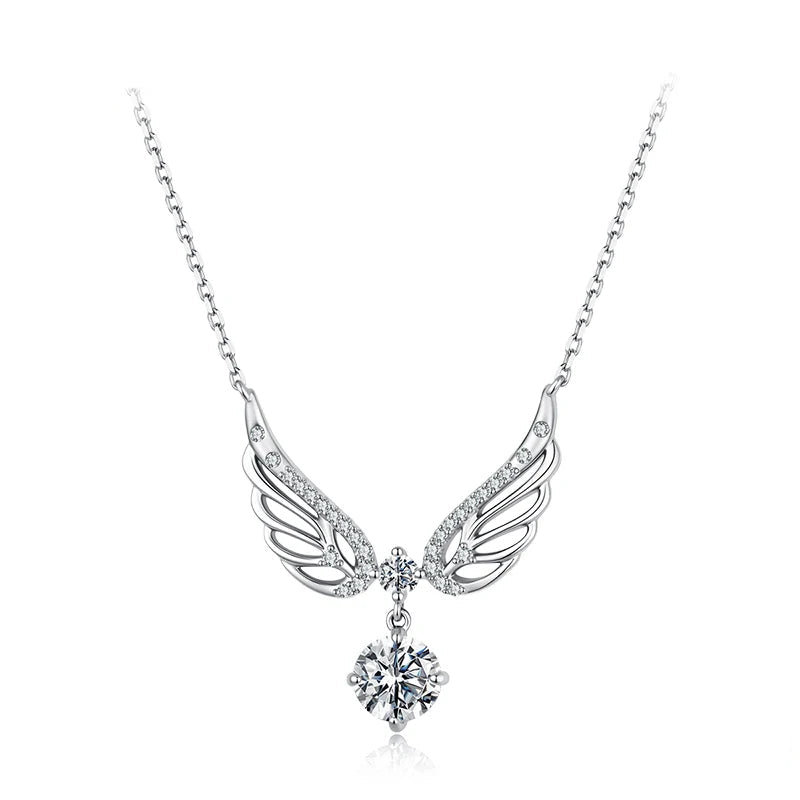 A silver angel wing pendant necklace with a clear round-cut center stone, shown on a white background.