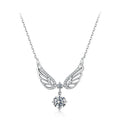 A silver angel wing pendant necklace with a clear round-cut center stone, shown on a white background.