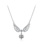A silver angel wing pendant necklace with a clear round-cut center stone, shown on a white background.