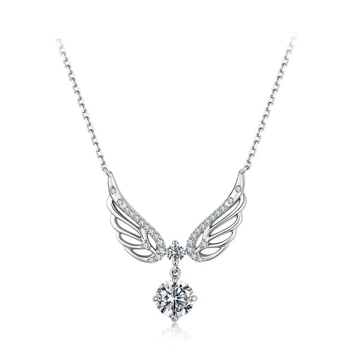 A silver angel wing pendant necklace with a clear round-cut center stone, shown on a white background.