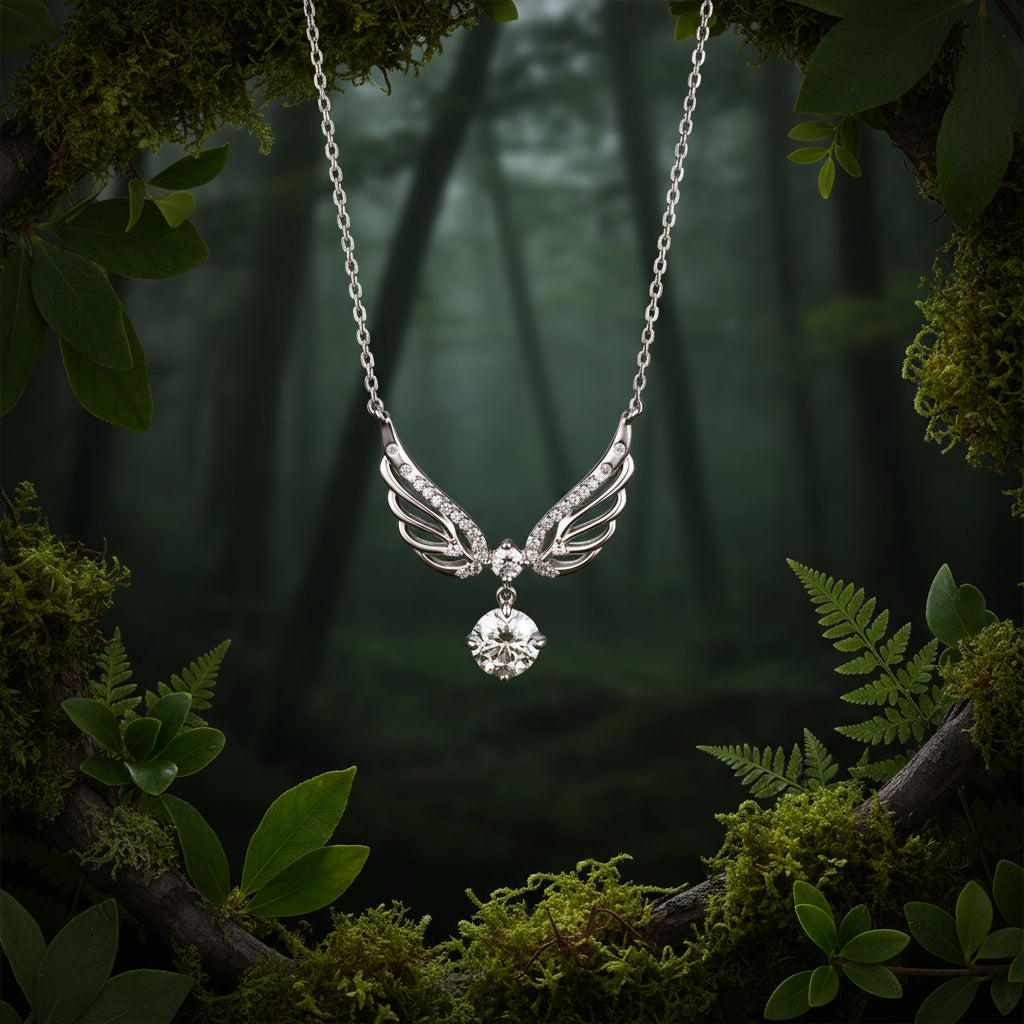 A silver angel wing pendant necklace with a large clear round crystal hanging from the center, displayed against a dark green jungle background.