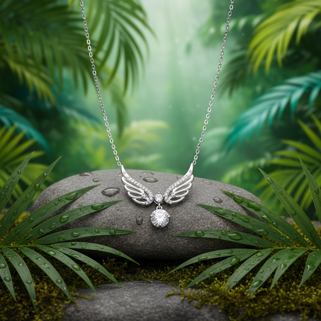 A silver angel-wing pendant necklace with a round clear gemstone, displayed on a dark grey stone with green leaves.
