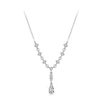 A sterling silver Y-necklace with clear cubic zirconia stones, featuring a delicate chain, star-shaped links, and a teardrop pendant.