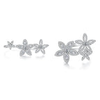 A pair of silver-toned flower cluster rings shown on a white background, labeled 'Open' and 'Close' to demonstrate the setting. The rings are paved with small clear stones.