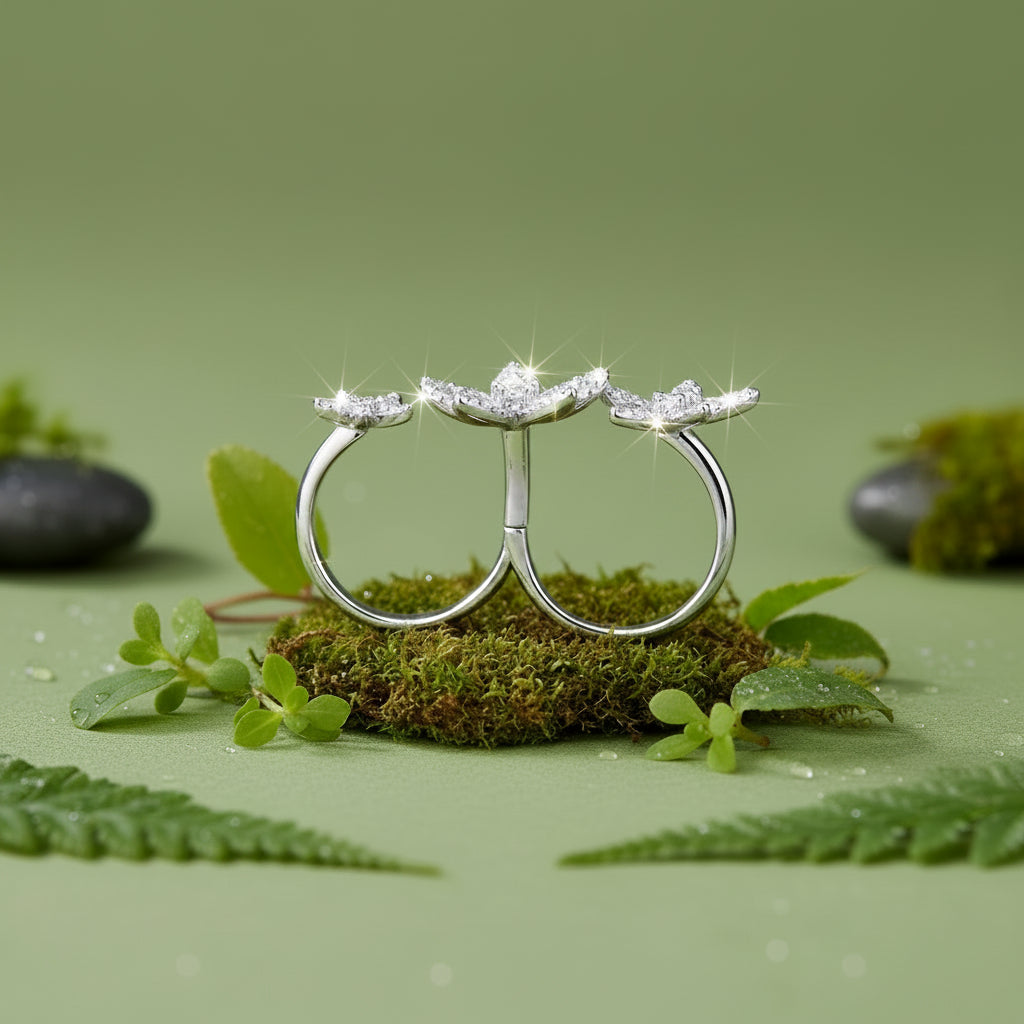Sterling silver three-flower ring set with clear gemstones, displayed on a mint green background.