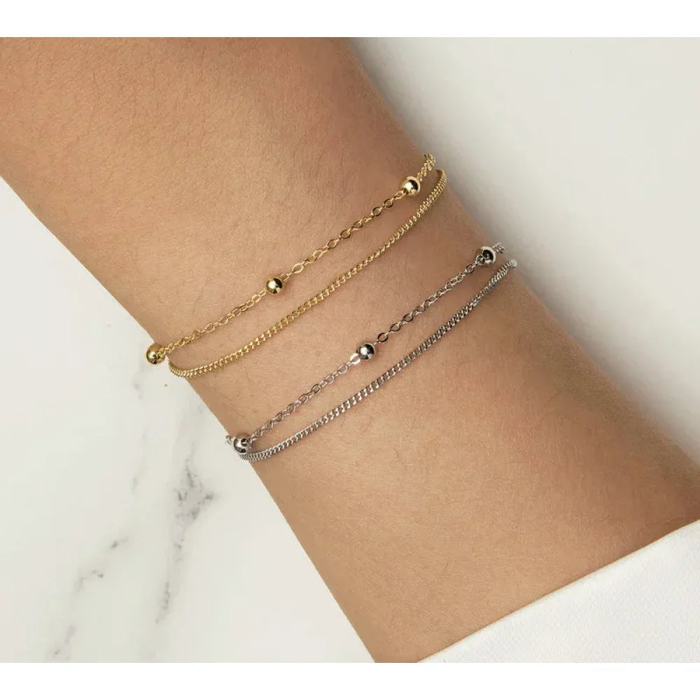 Double-Layered Round Beads 925 Sterling Silver Chain Bracelet with 14K Gold Plating - Bracelets