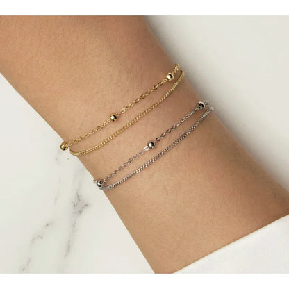 Double-Layered Round Beads 925 Sterling Silver Chain Bracelet with 14K Gold Plating - Bracelets
