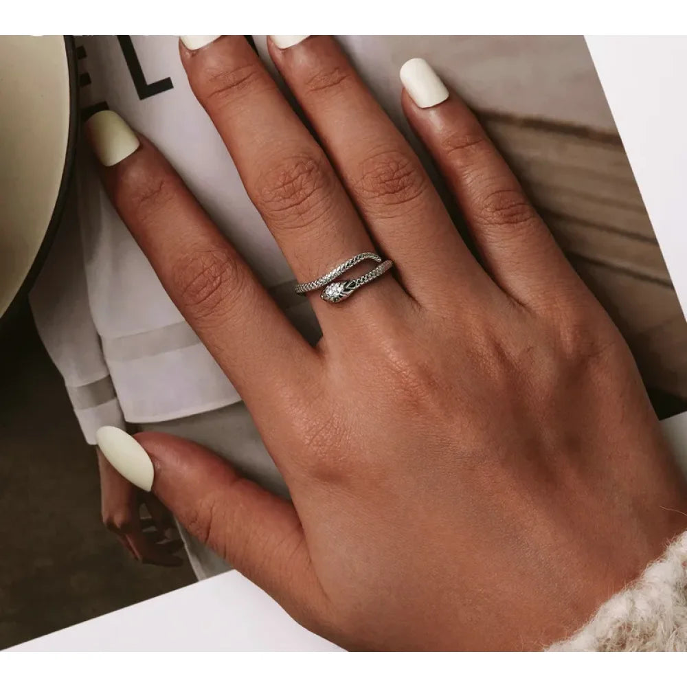 925 Sterling Silver Adjustable Snake Ring with Green Zircon - Fashion jewellery in 4 Colors - Rings