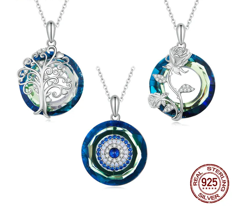 Celestial Harmony: Angel Ring Evil Eye & Tree of Life Sterling Silver Necklace - Pendant Necklaces