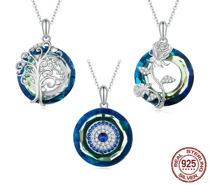 Celestial Harmony: Angel Ring Evil Eye & Tree of Life Sterling Silver Necklace - Pendant Necklaces