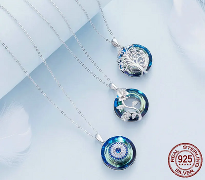 Celestial Harmony: Angel Ring Evil Eye & Tree of Life Sterling Silver Necklace - Pendant Necklaces