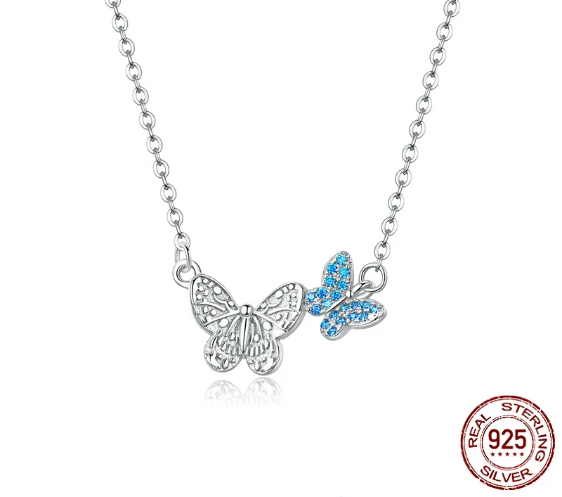Soar with Style: Blue Zircon Korean Style Sterling Silver Butterfly Necklace - Necklaces