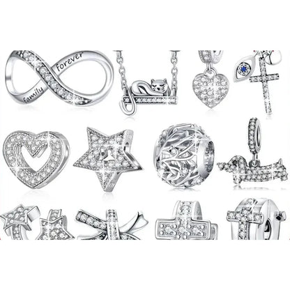 925 Sterling Silver Clear 5A Crystal Collection Family Heart Cross Charm Beads for Bracelet & Necklace Pendant - Charms