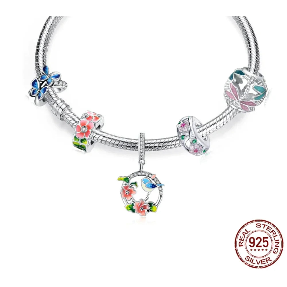 925 Sterling Silver Colorful Birds Flowers Leaves CZ Pendant - jewellery Charm for Bracelets and Necklaces - Charms