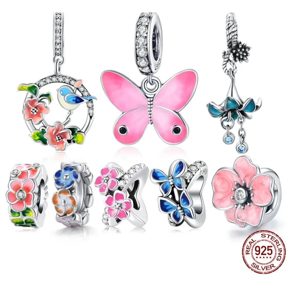 925 Sterling Silver Colorful Birds Flowers Leaves CZ Pendant - jewellery Charm for Bracelets and Necklaces - Charms