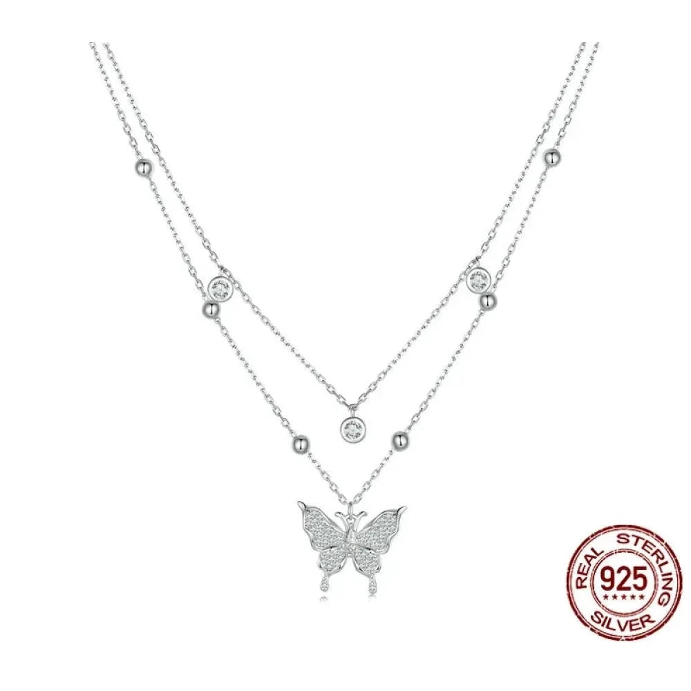 925 Sterling Silver Double-layer Tassel Butterfly Pendant Necklace for Women - Elegant Fine jewellery - Necklaces