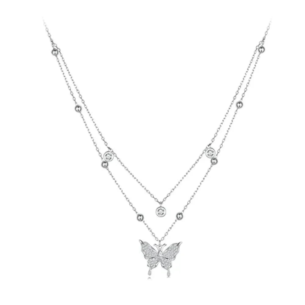 925 Sterling Silver Double-layer Tassel Butterfly Pendant Necklace for Women - Elegant Fine jewellery - Necklaces
