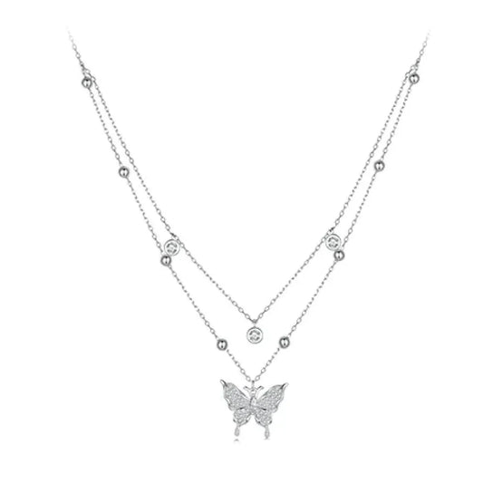 925 Sterling Silver Double-layer Tassel Butterfly Pendant Necklace for Women - Elegant Fine jewellery - Necklaces