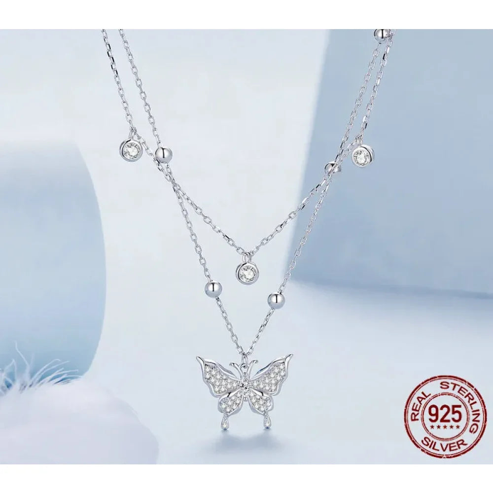 925 Sterling Silver Double-layer Tassel Butterfly Pendant Necklace for Women - Elegant Fine jewellery - Necklaces