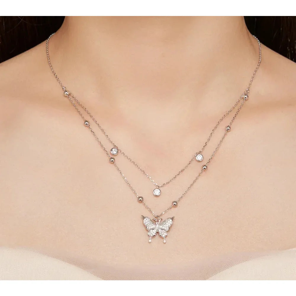 925 Sterling Silver Double-layer Tassel Butterfly Pendant Necklace for Women - Elegant Fine jewellery - Necklaces