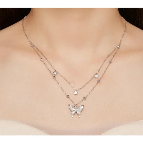 925 Sterling Silver Double layer Tassel Butterfly Pendant Necklace for Women Elegant Fine jewelry Necklaces