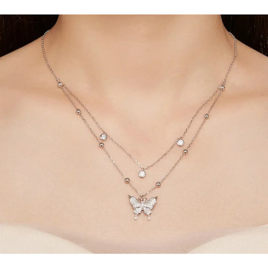 925 Sterling Silver Double-layer Tassel Butterfly Pendant Necklace for Women - Elegant Fine jewellery - Necklaces