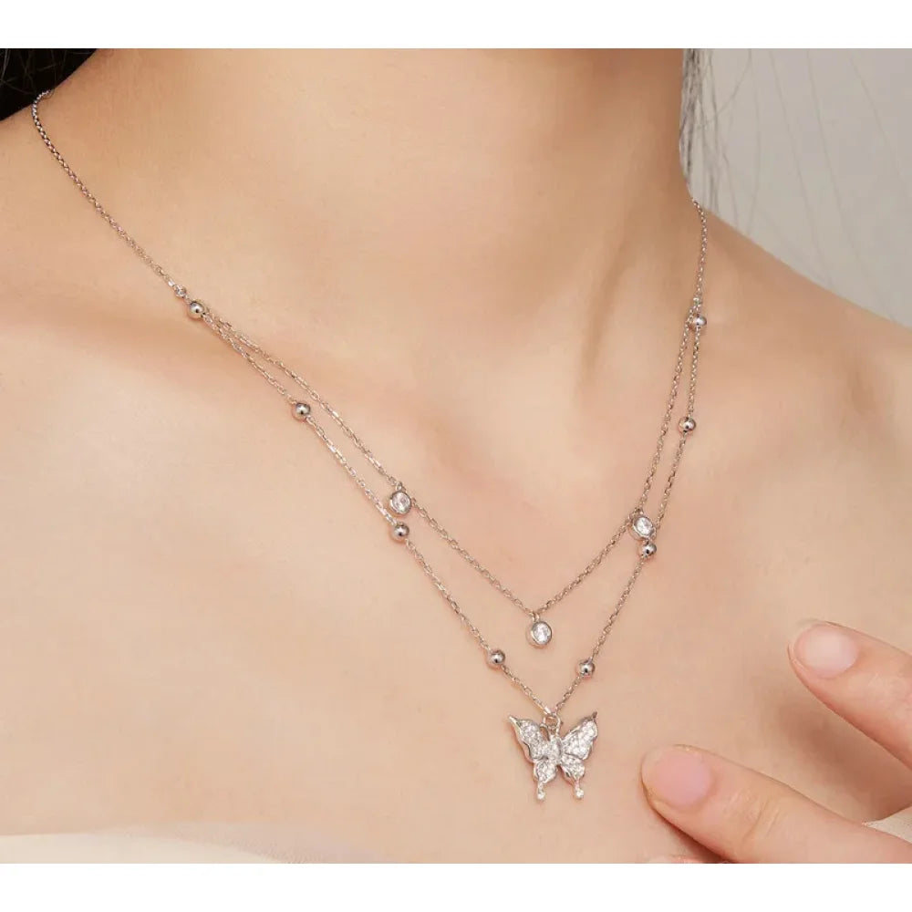 925 Sterling Silver Double-layer Tassel Butterfly Pendant Necklace for Women - Elegant Fine jewellery - Necklaces