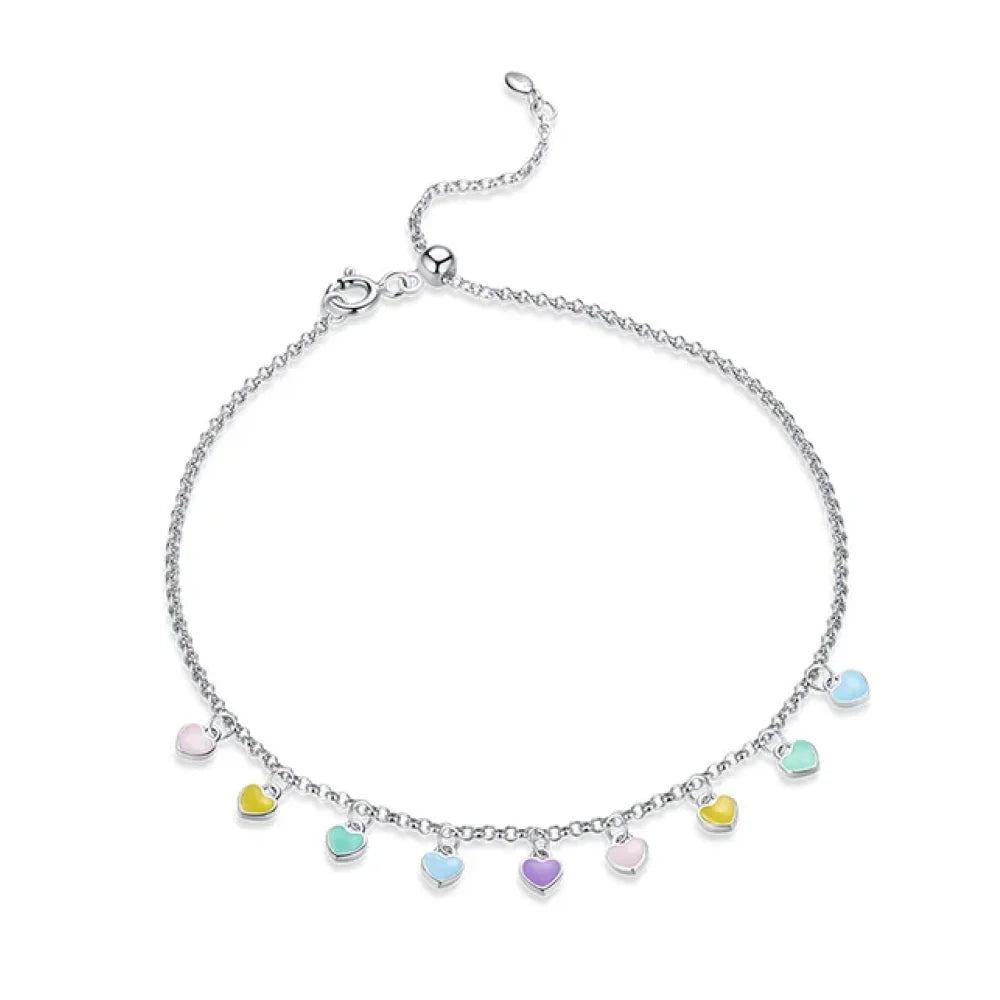 925 Sterling Silver Enamel Heart Pendant Chain Anklet for Women | Summer Foot Bracelet jewellery - Anklets