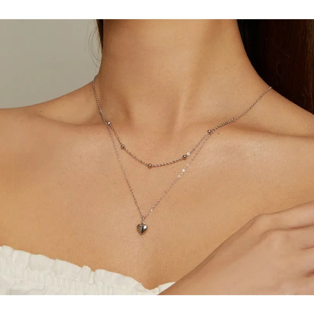 925 Sterling Silver Heart Pendant Necklace - Elegant Double Layer Choker for Women - BSN168 - Necklaces