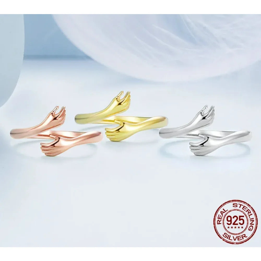 925 Sterling Silver Hug Warmth and Love Hand Adjustable Ring for Women - His Big Loving Hugs in 3 Colors - Rings