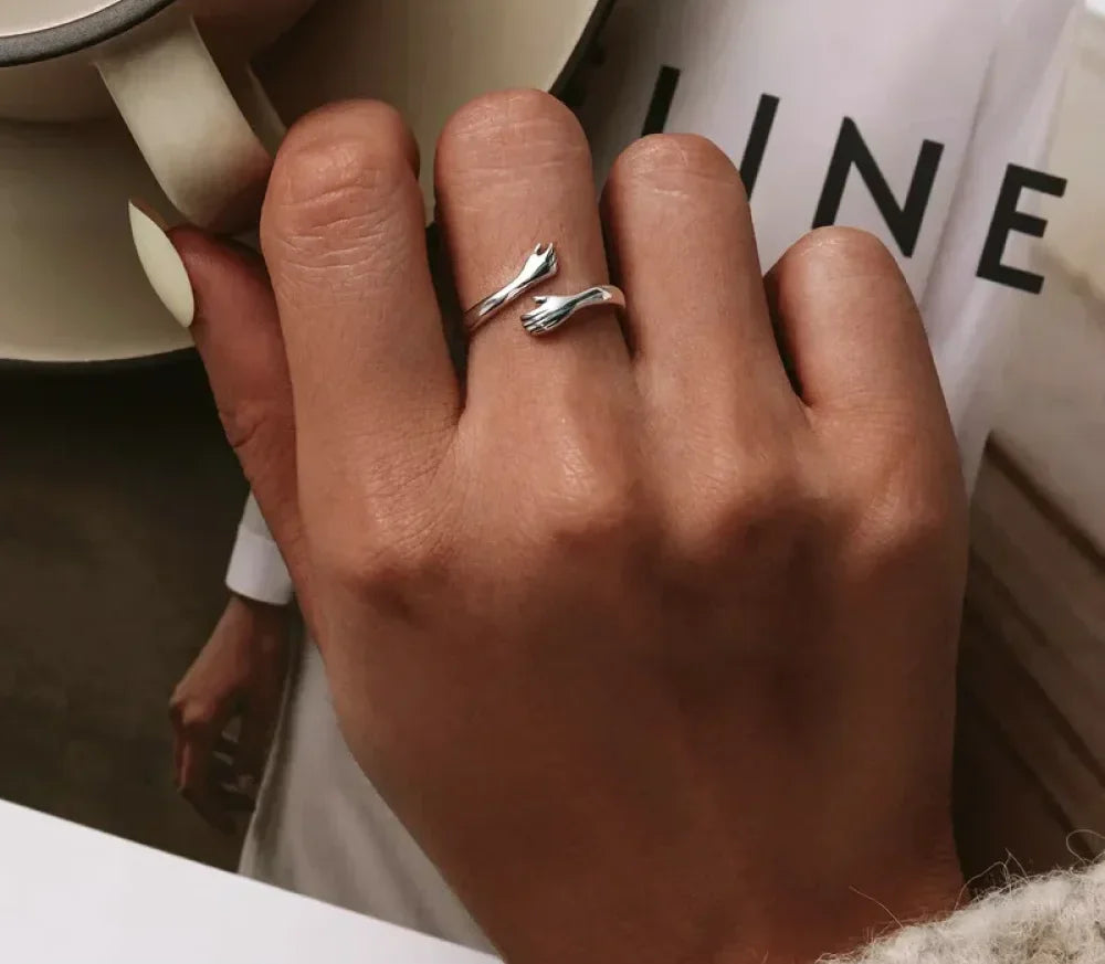 925 Sterling Silver Hug Warmth and Love Hand Adjustable Ring for Women - His Big Loving Hugs in 3 Colors - Rings
