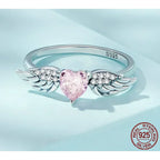 925 Sterling Silver Pink Heart Zircon Ring for Women Love & Wing Rings