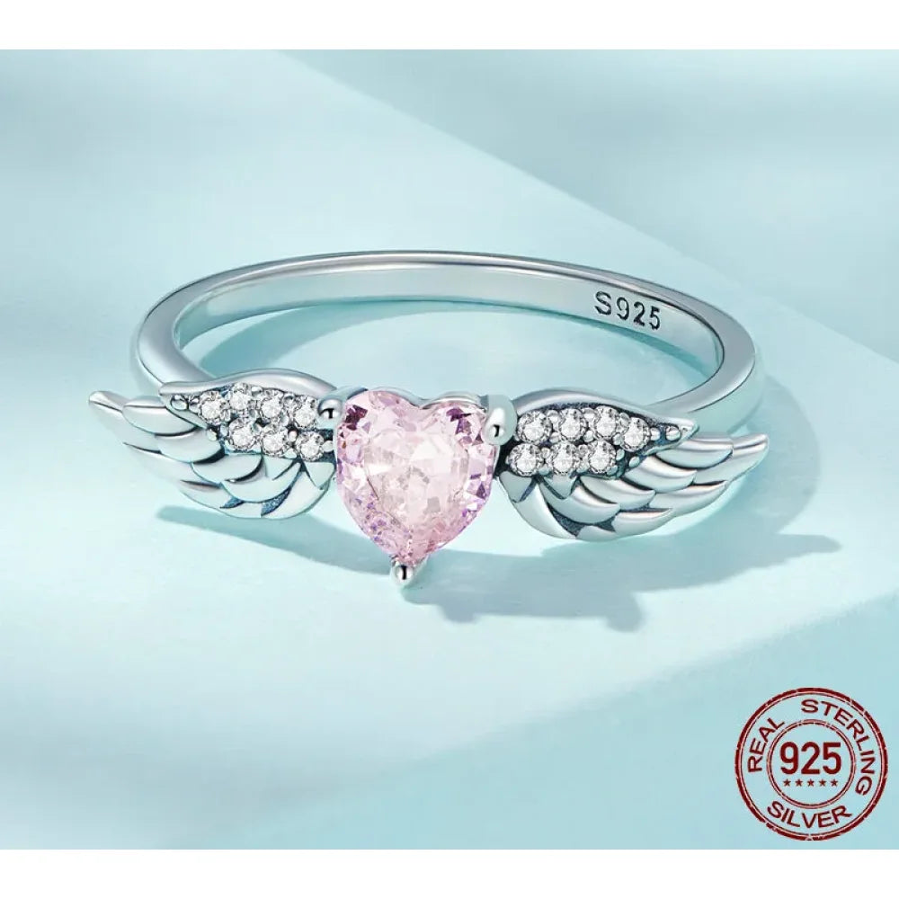 925 Sterling Silver Pink Heart Zircon Ring for Women - Love & Wing - Rings